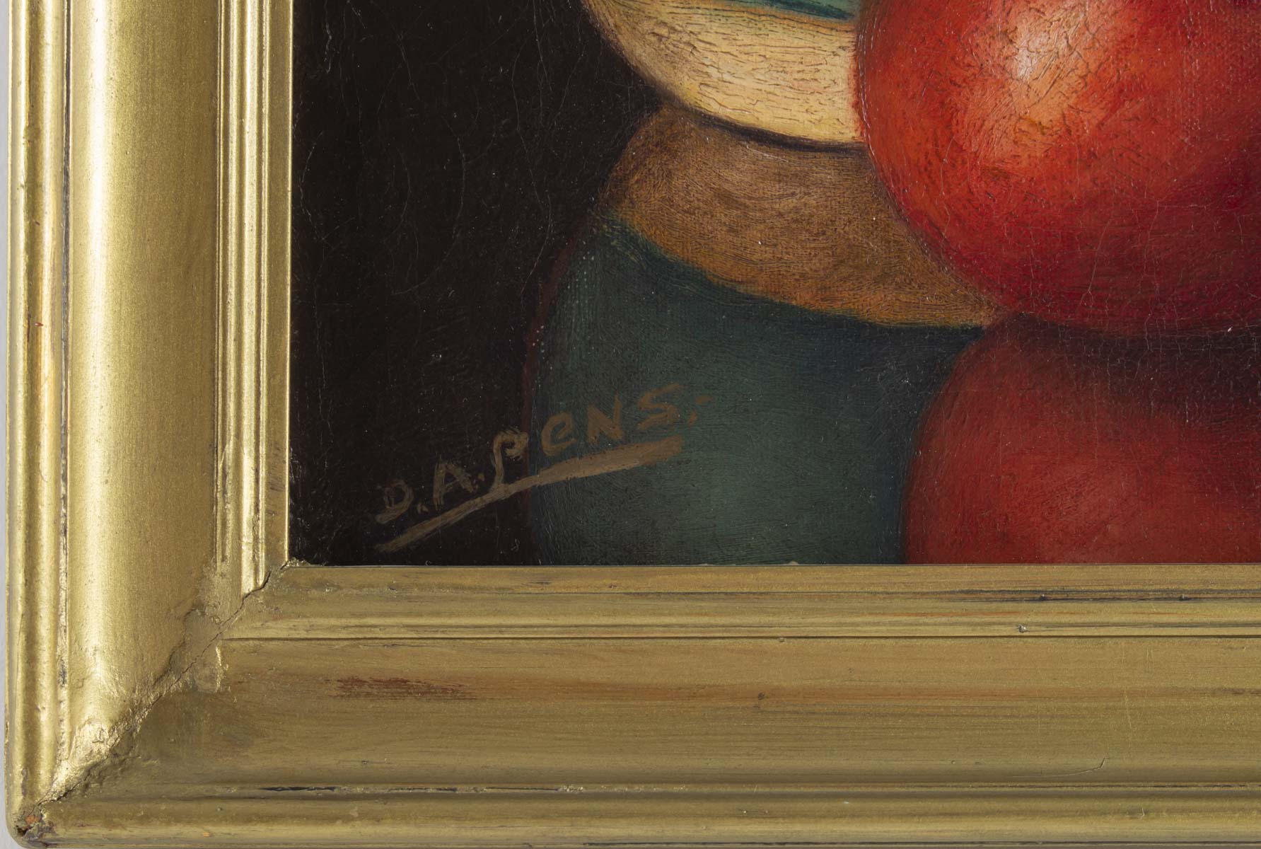 Still life with apples and ceramics by Dalens, 1921