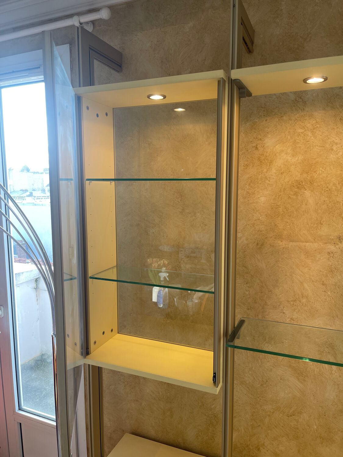 Library, vintage glass and gold aluminium display case, 1980s.