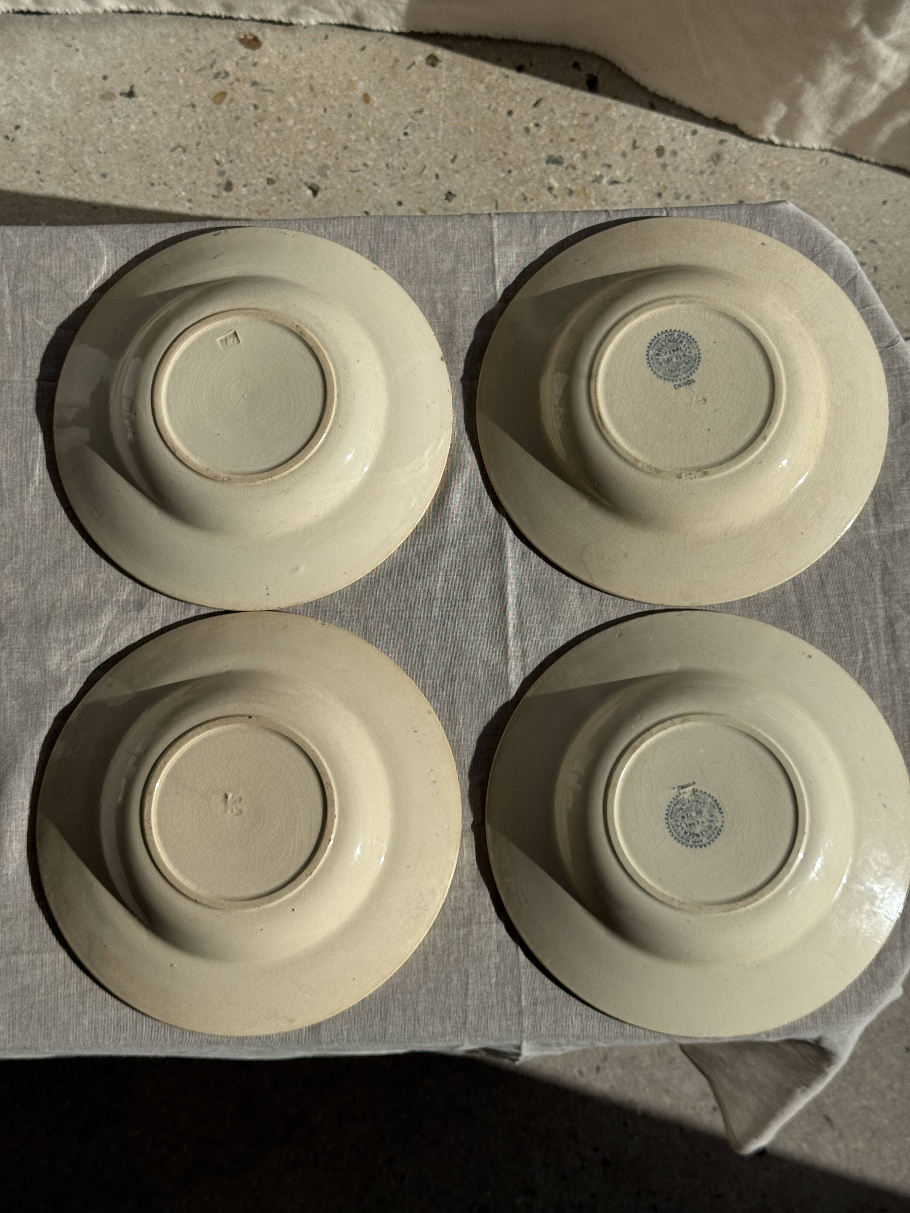 Set of 4 vintage deep plates in faience with blue decoration by Boulenger & Cie D2.