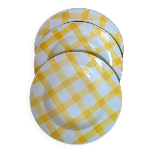 Ensemble de 3 assiettes vintage motif vichy jaune
