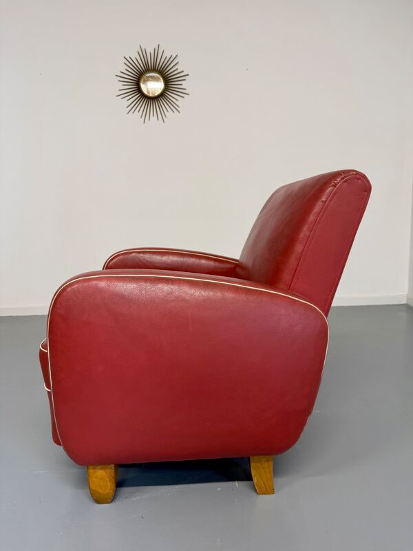 Ancien Fauteuil club Art Déco skaï rouge design années 40/50 vintage