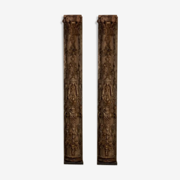 Pair Of Half Columns In Sculpted Pine, Late 17th Century