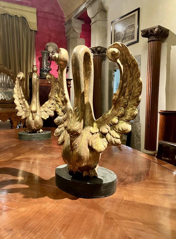 Ittalian Artist, Empire Period Decorative Swan Sculptures, 1800s, Giltwood, Set of 2