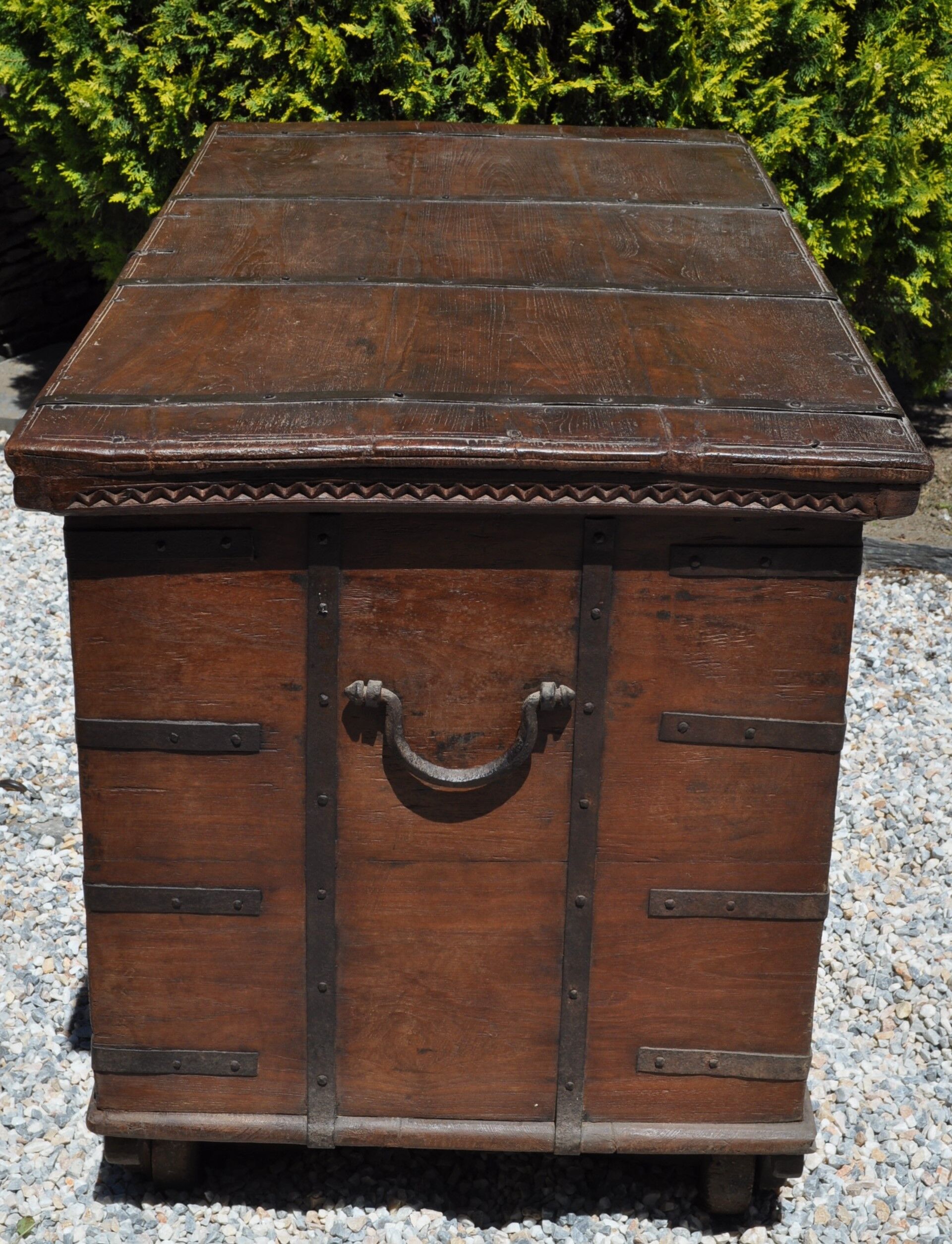 Wooden chest on wheels & wrought iron fittings - nineteenth century