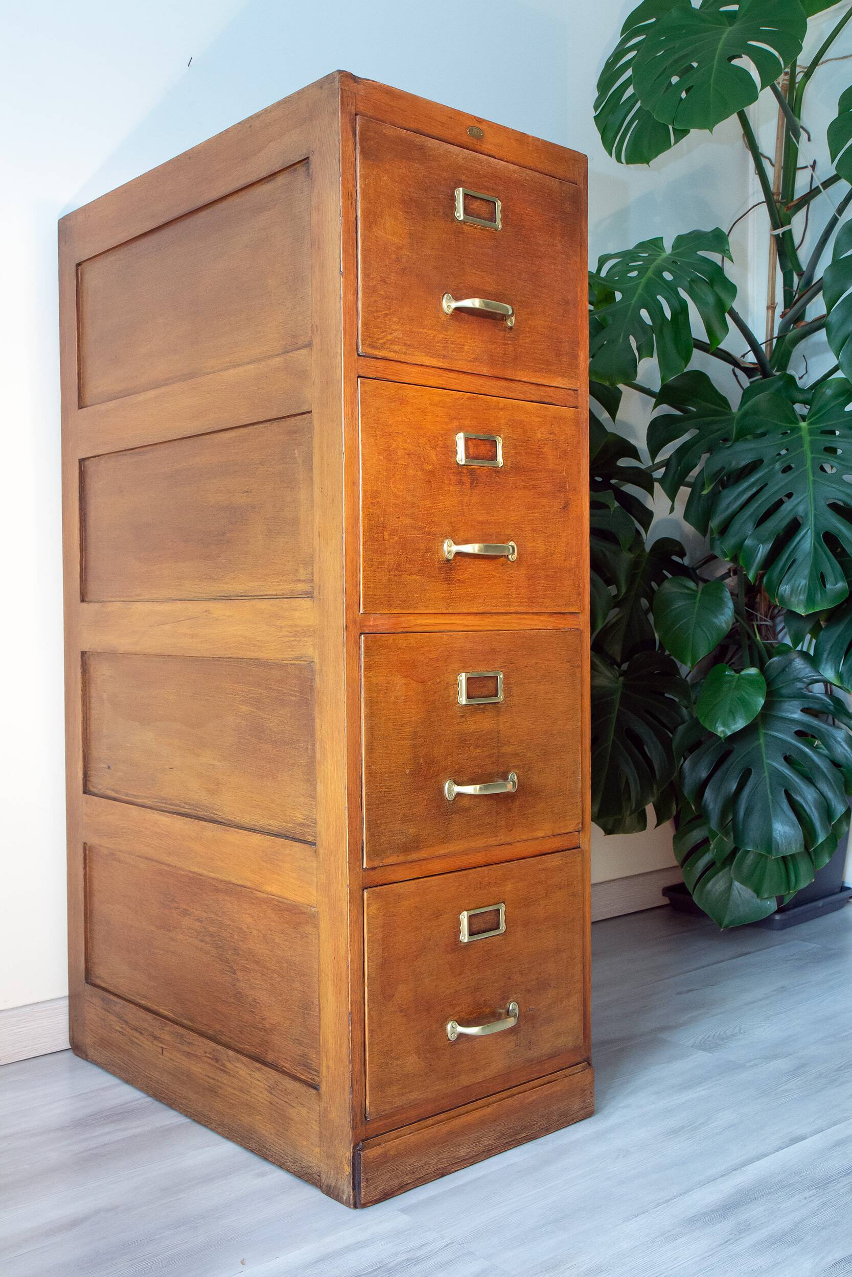Old file cabinet, oak and brass, early 20th century