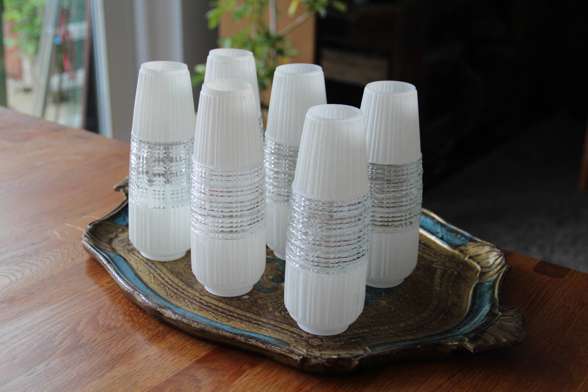 6 vintage tulips in cut glass and opaline glass