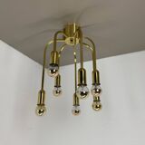 Large cubic brass 7 bulb flush mount ceiling light, italy 1970s