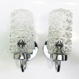 Pair of 1970 chrome metal wall light and molded glass globes.
