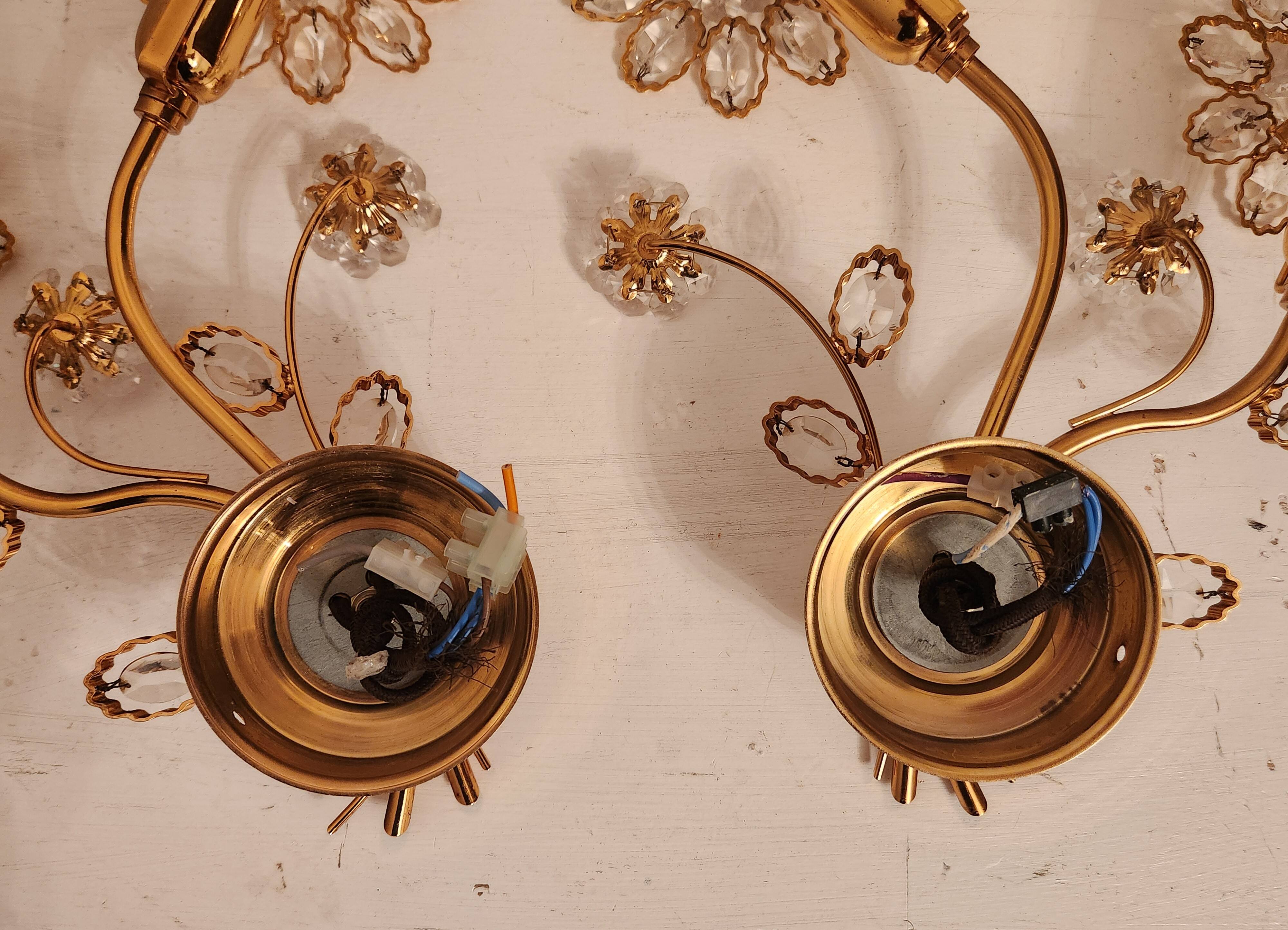 Set Hollywood Regency Wandlampe vergoldet Messing Swarovski-Kristalle Palwa