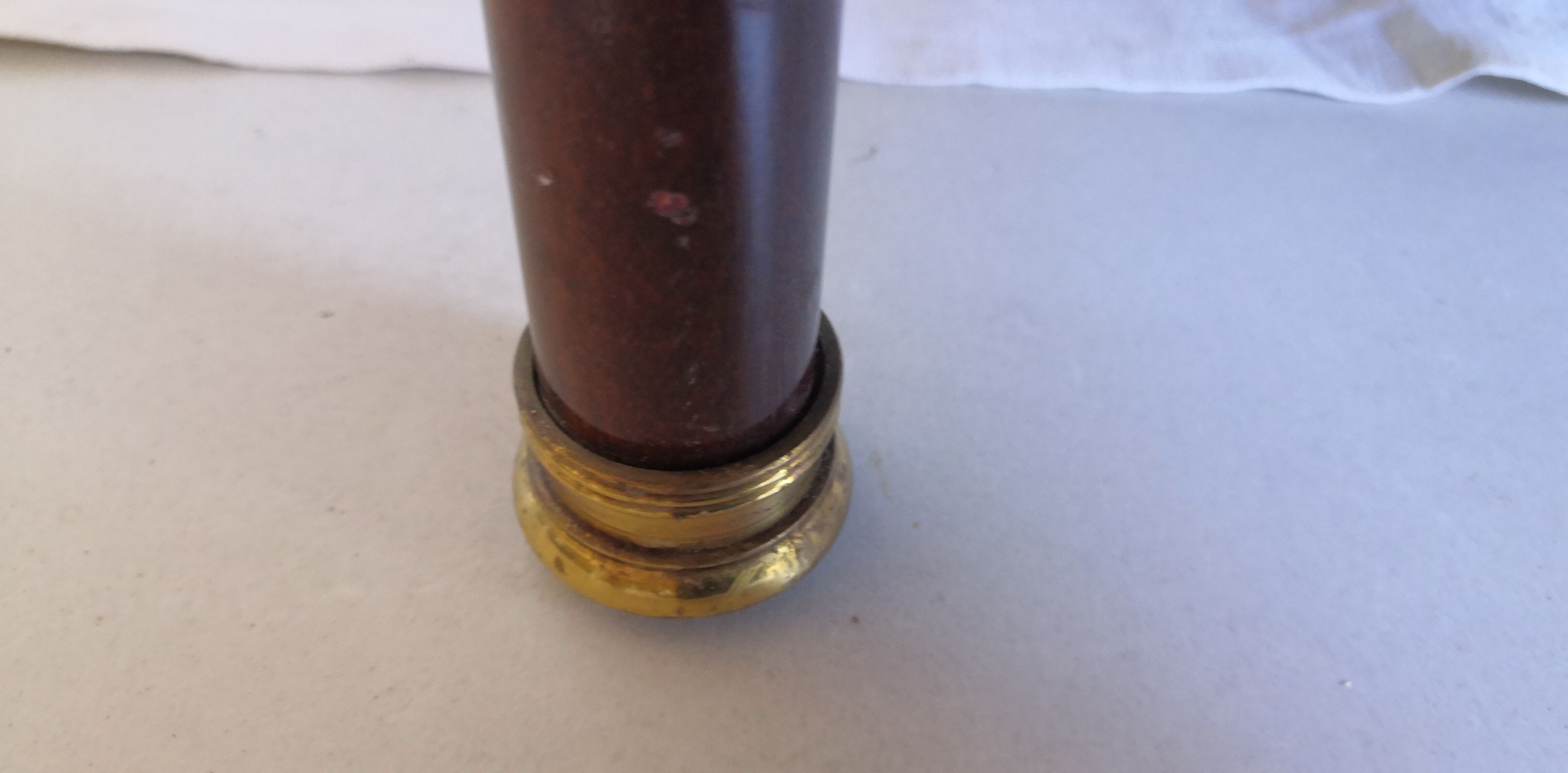 Magazine holder or vintage wood & brass bottles