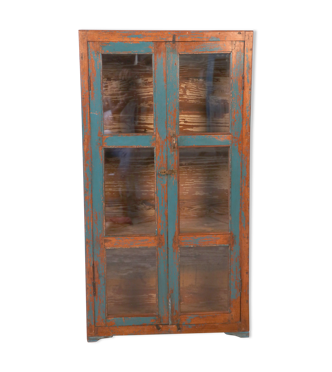 Ancienne vitrine en teck birman patine teck et bleue d'origine