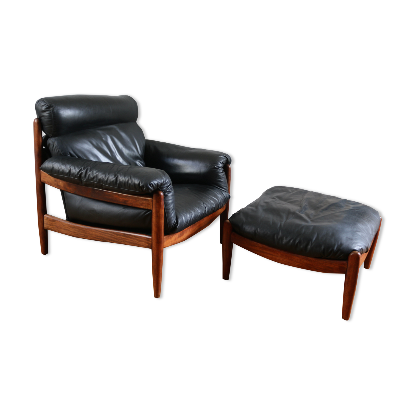 Fauteuil lounge et ottoman scandinave vintage cuir 1960