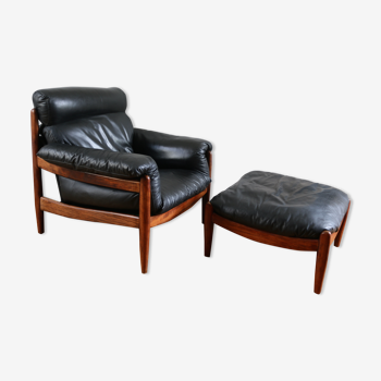 Fauteuil lounge et ottoman scandinave vintage cuir 1960