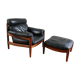 Fauteuil lounge et ottoman scandinave vintage cuir 1960