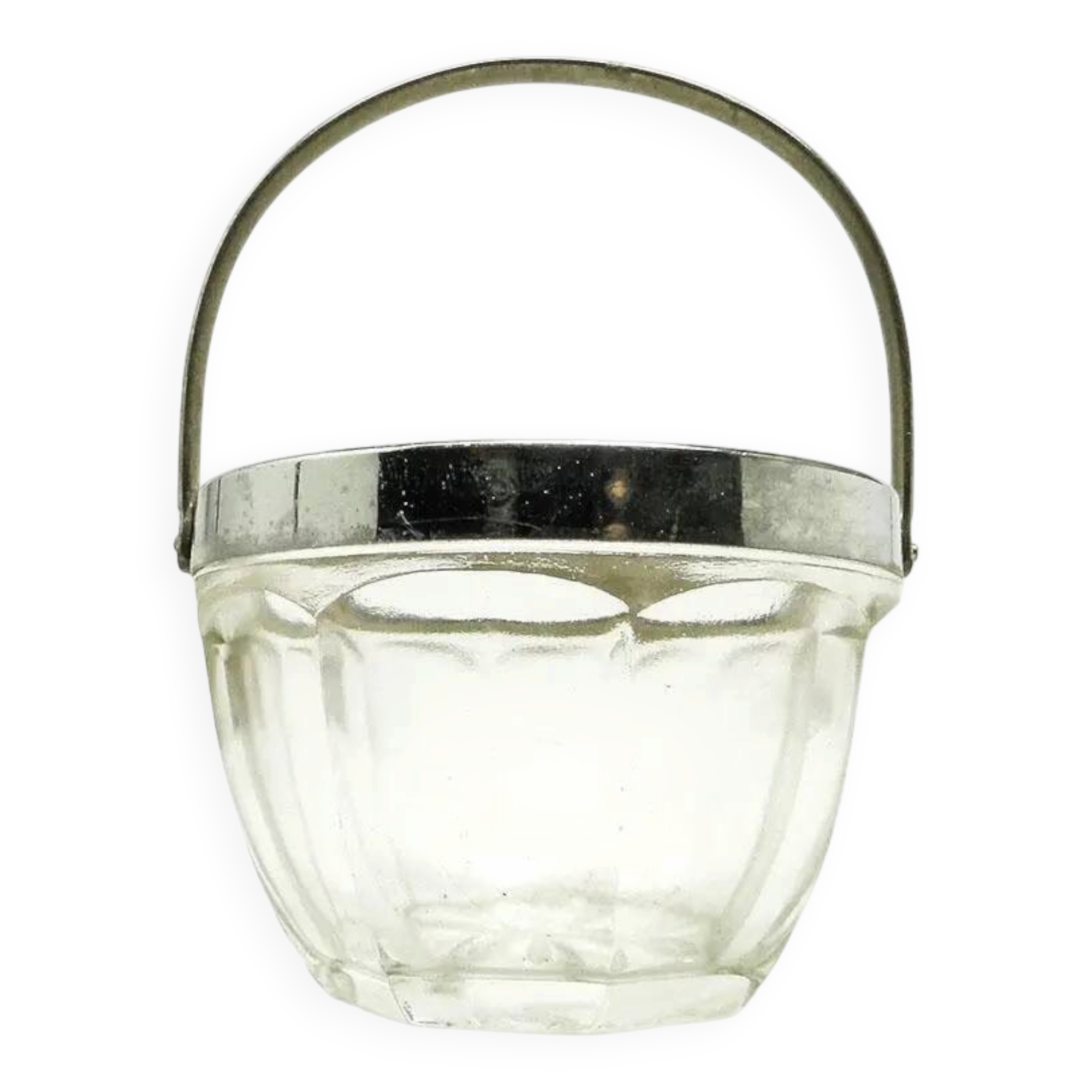 Sucrier Art Déco, verre pressé, laiton chromé, Huta Hortensja, Pologne, années 1950