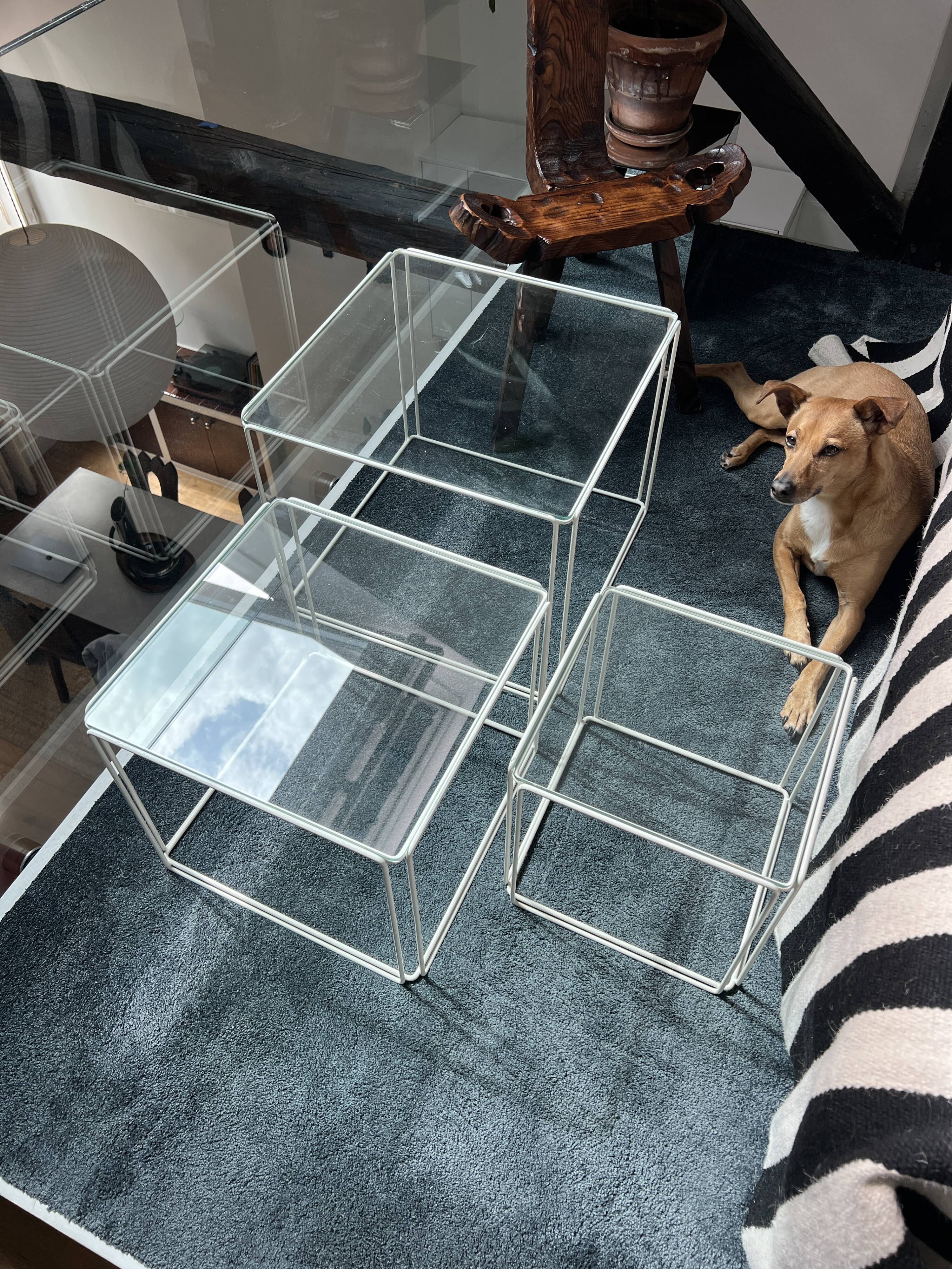 3 nesting tables by Max Sauze for Isocèle – 1970s – white metal & glass