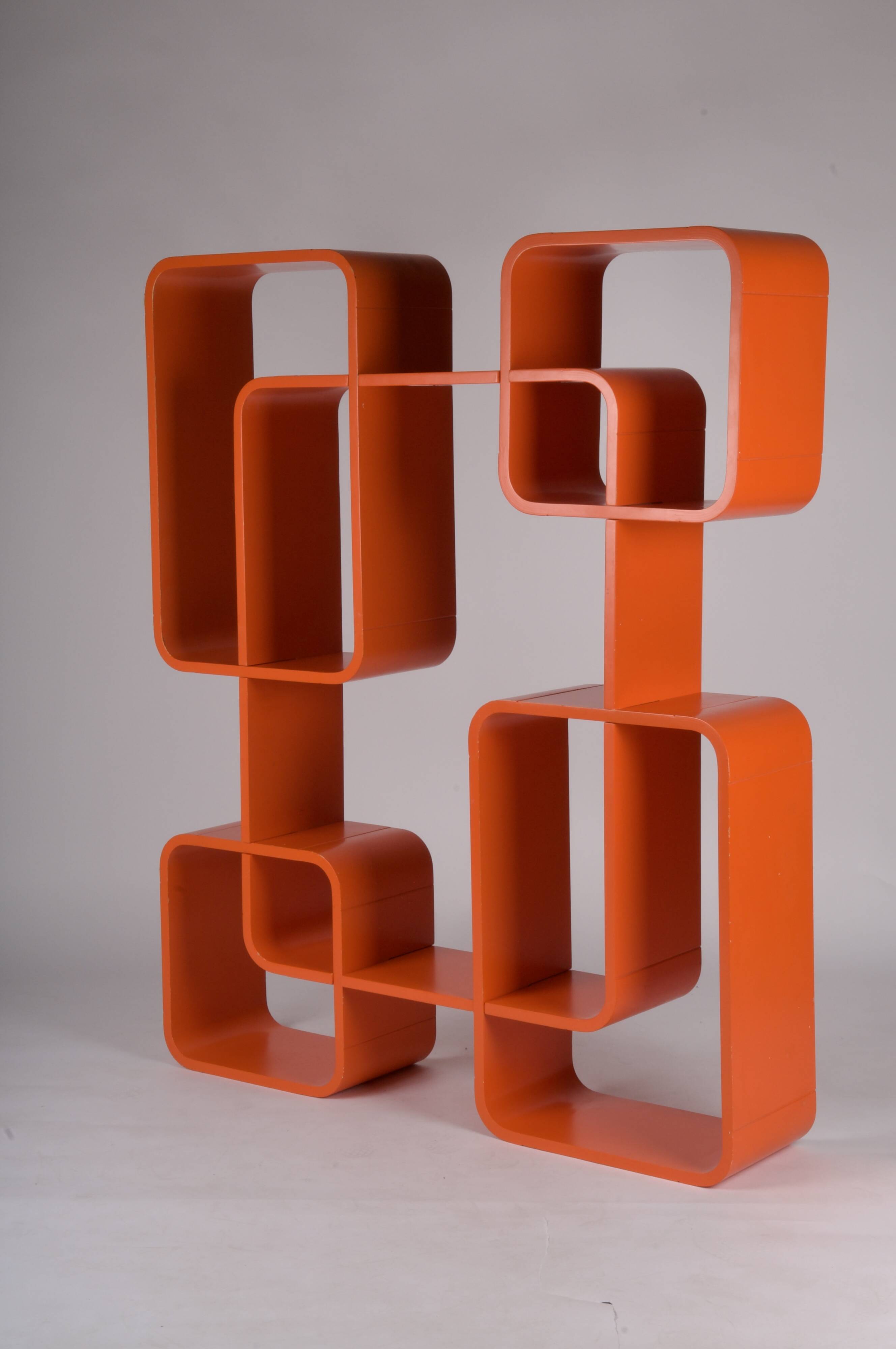 Bibliothèque bois orange space age 1970 années 70 pop