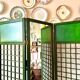 3-leaf screen in green wood, ecru paper and mirror