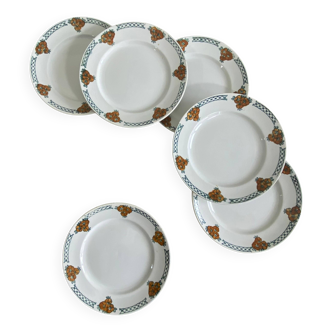 6 antique earthenware dessert plates, ironstone, Moulin des Loups Aubépine