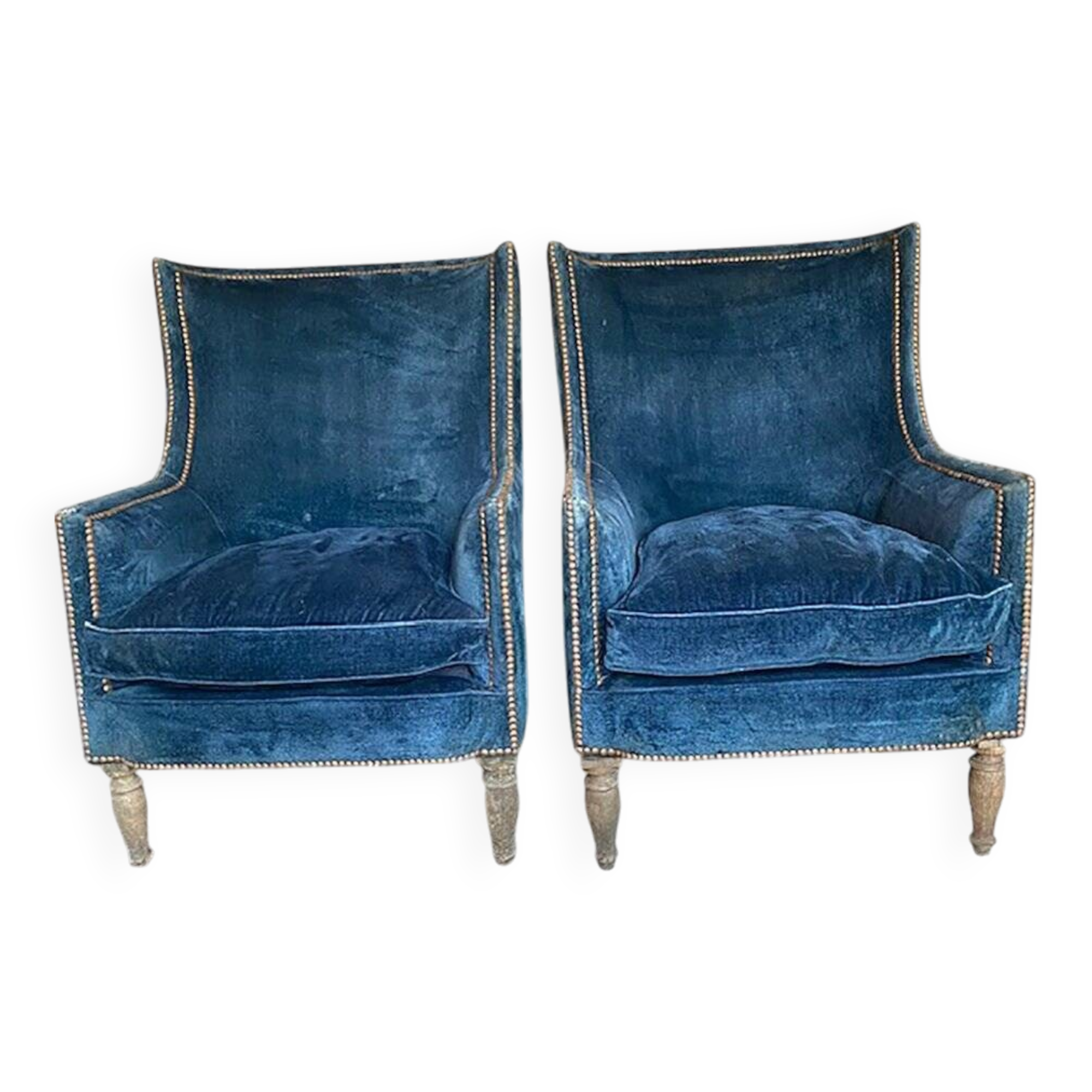 Art Deco pair of walnut and blue velvet chairs, set of 2, 1920s