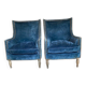 Art Deco pair of walnut and blue velvet chairs, set of 2, 1920s