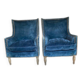 Art Deco pair of walnut and blue velvet chairs, set of 2, 1920s