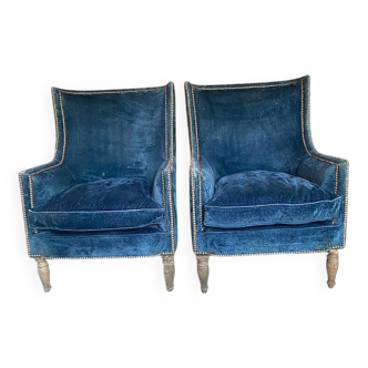 Art Deco pair of walnut and blue velvet chairs, set of 2, 1920s