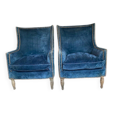 Art Deco pair of walnut and blue velvet chairs, set of 2, 1920s