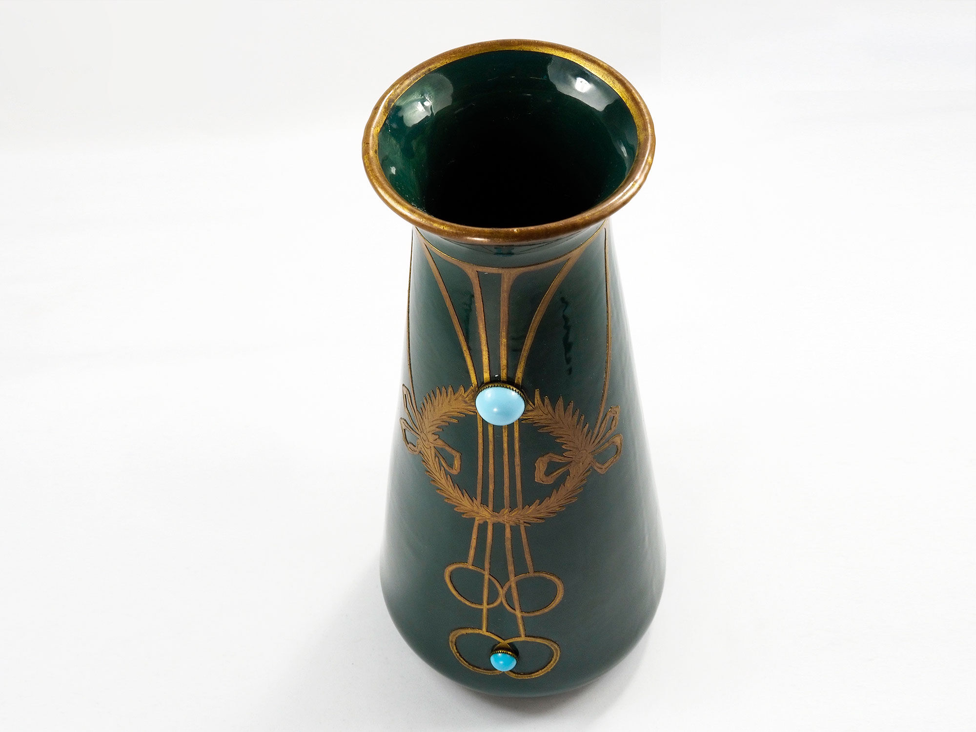 Antique secession vase in ceramic green glaze with copper & turquoise-1900s