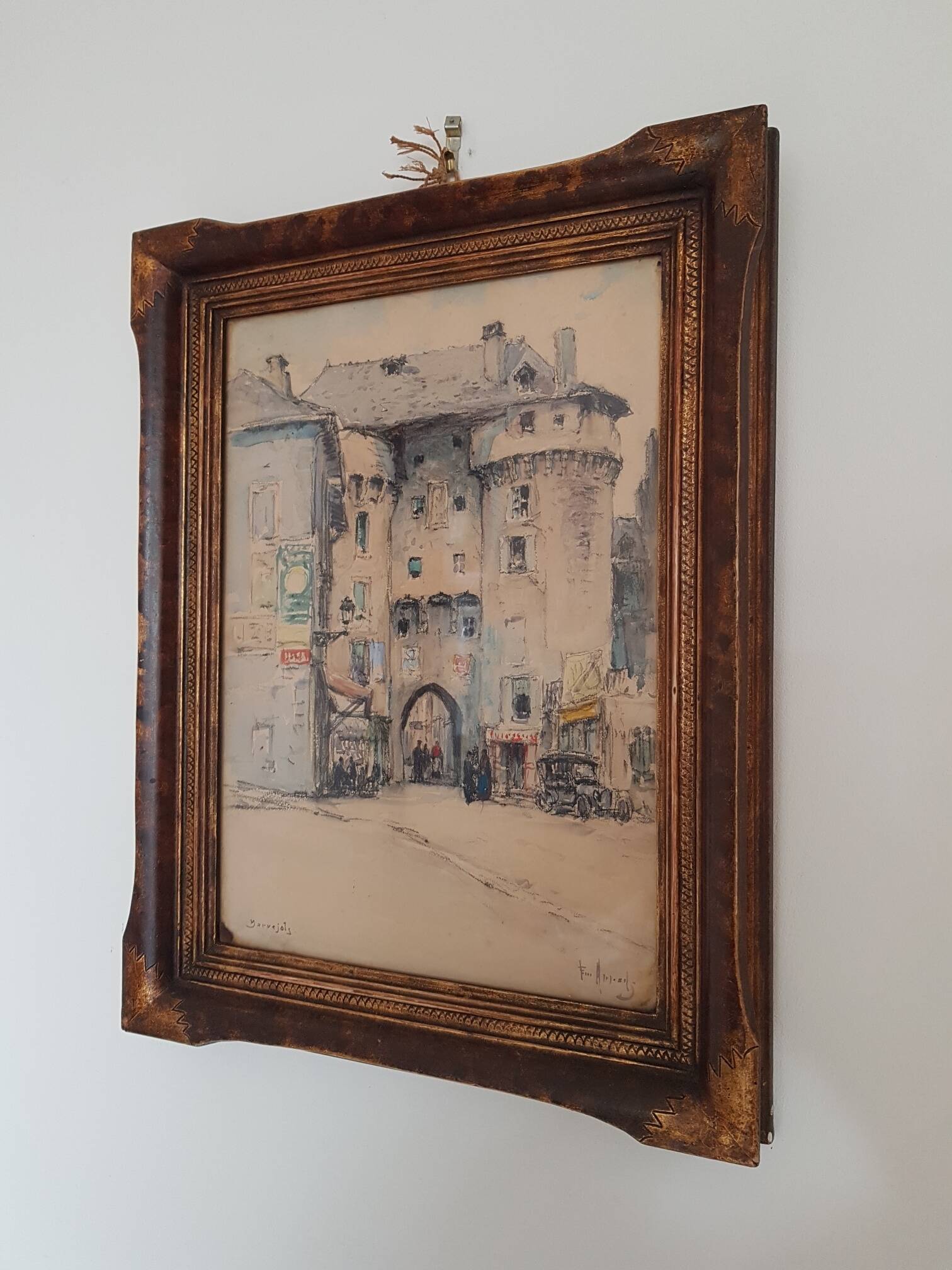 Old watercolor painting "Fortified entrance to Marvejols"
