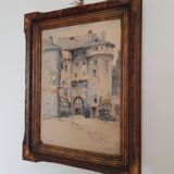 Tableau ancien aquarelle "Entrée fortifiée de Marvejols"