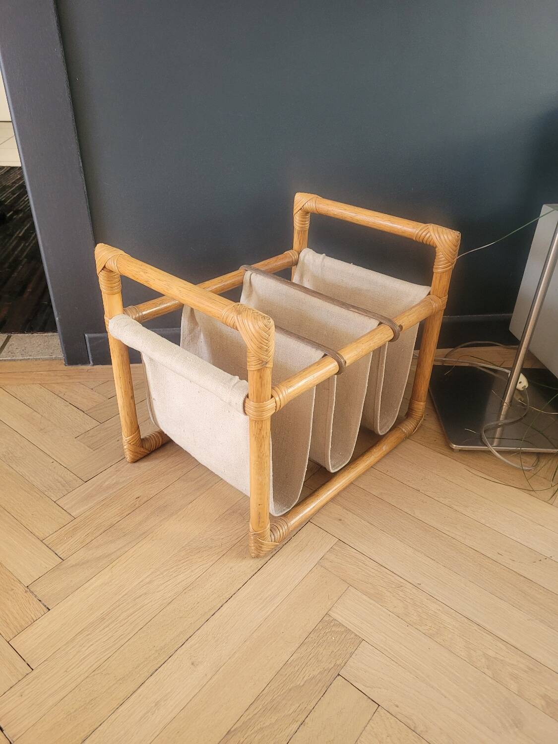 Vintage magazine rack made of bamboo, rattan and canvas