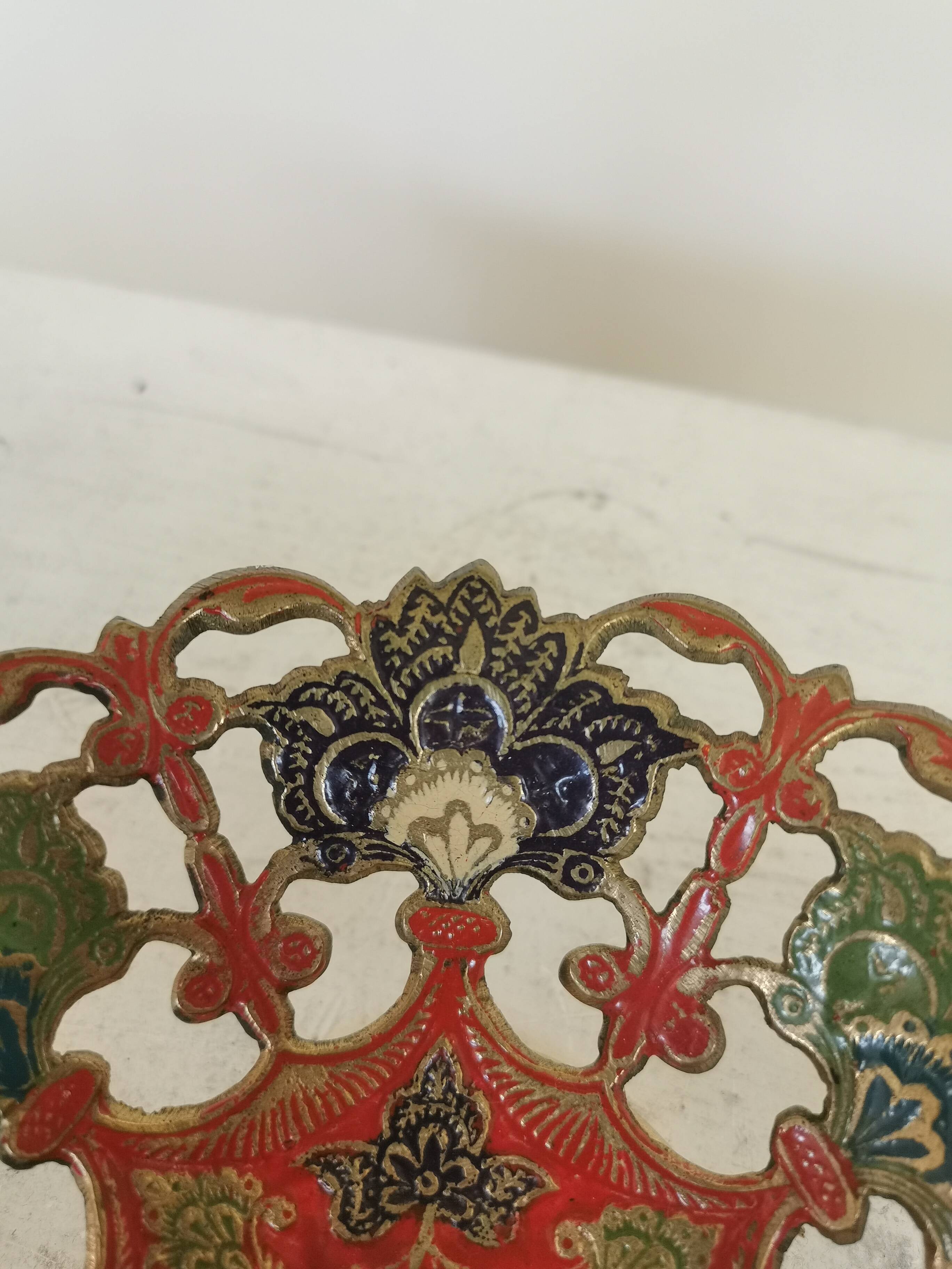 Vintage Brass Pedestal Bowl: Floral Motif, Red Blue Green Painted