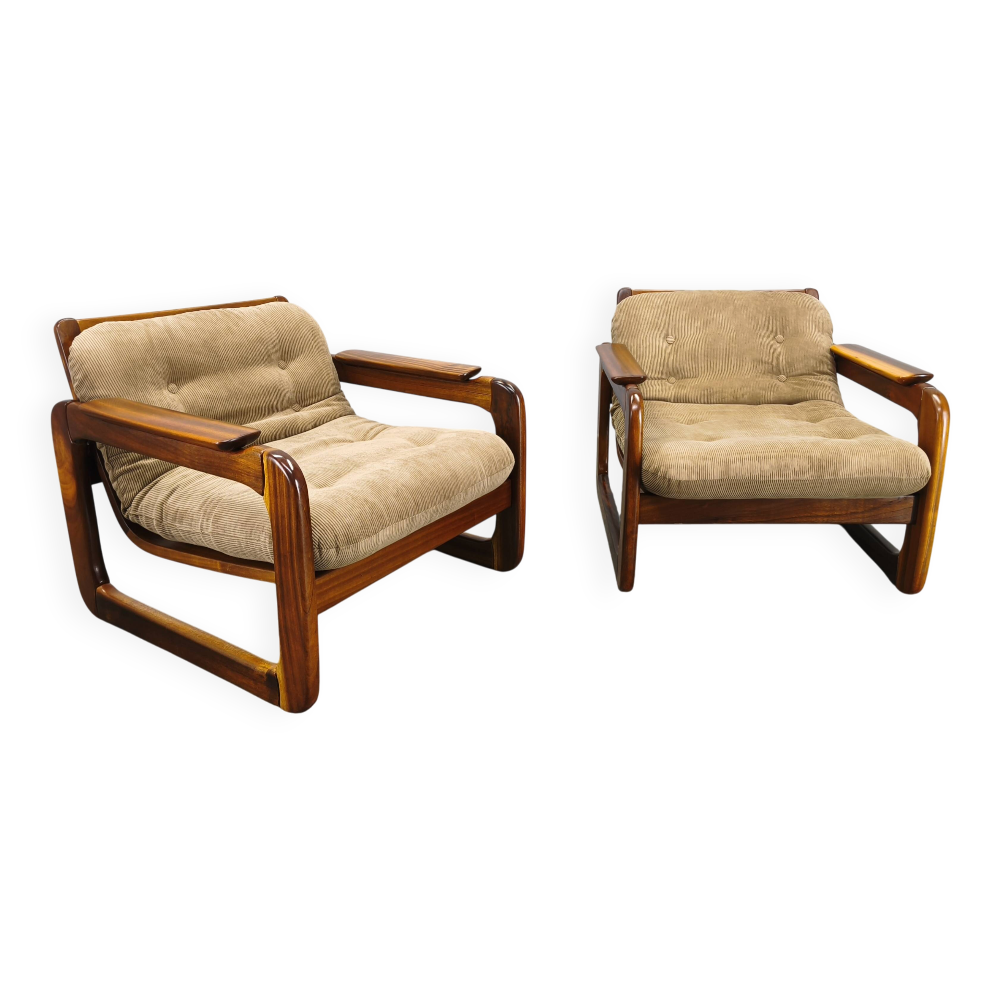 Pair of 1970s Scandinavian lounge chairs, upholstered in corduroy.