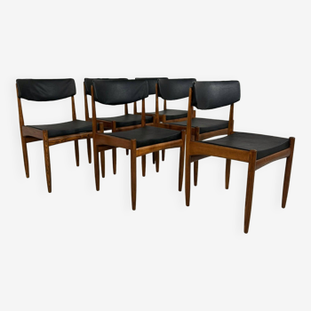 Ensemble de 6 chaises de salle à manger vintage en teck et tissu skaï noir