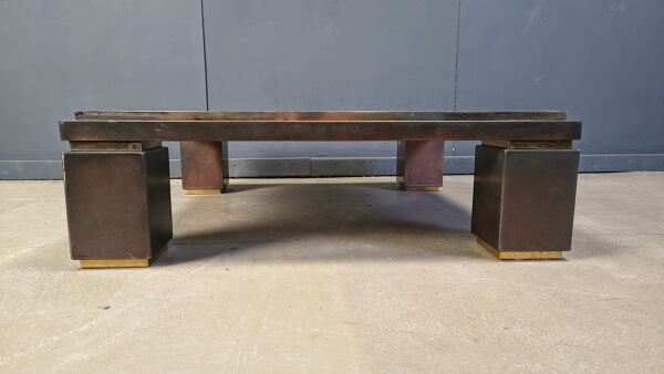 Table basse en cuivre et travertin par Belgochrom, années 1970