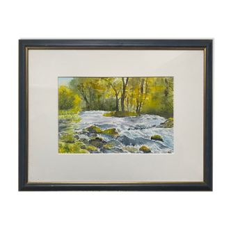 Tableau Aquarelle "Rivière de montagne arborée" par Blanot Wawrzyniak