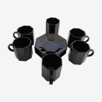 6 espresso coffee cups and their black saucers Octime Arcoroc