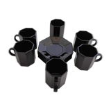 6 espresso coffee cups and their black saucers Octime Arcoroc