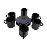 6 espresso coffee cups and their black saucers Octime Arcoroc