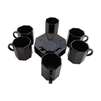 6 espresso coffee cups and their black saucers Octime Arcoroc