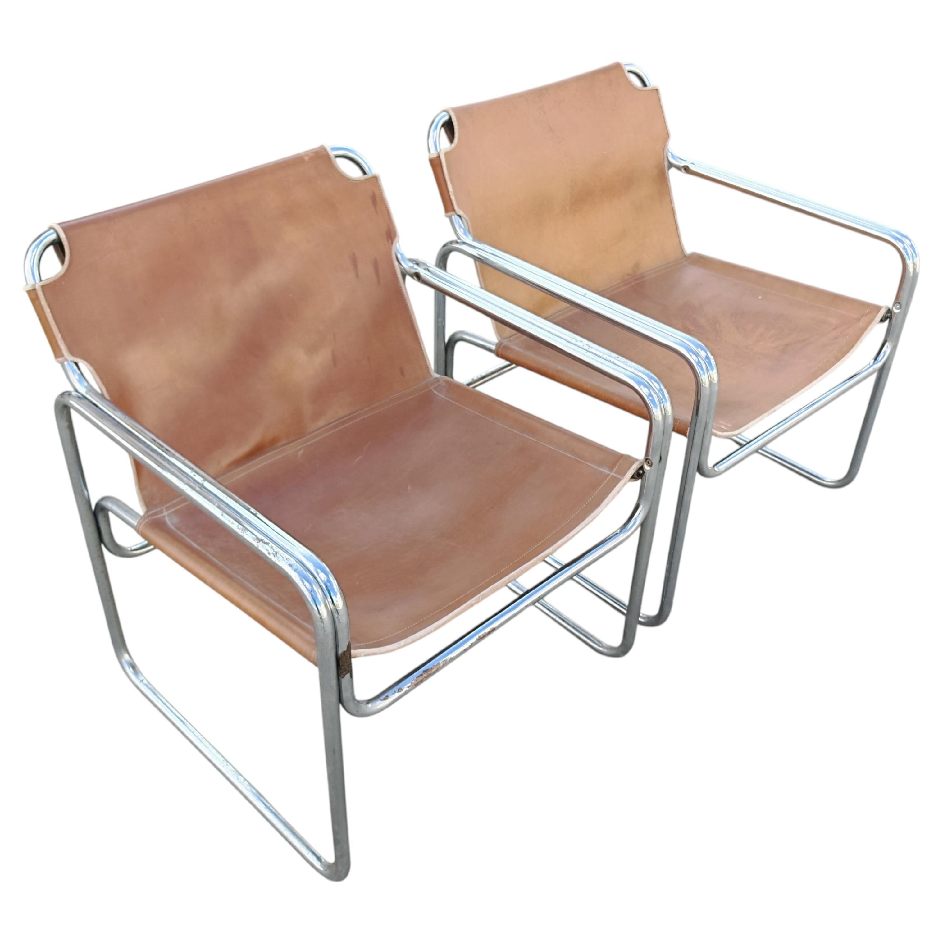 Pair of tubular lounge chairs in Bauhaus style, leather, Jox Interni, 1970s.