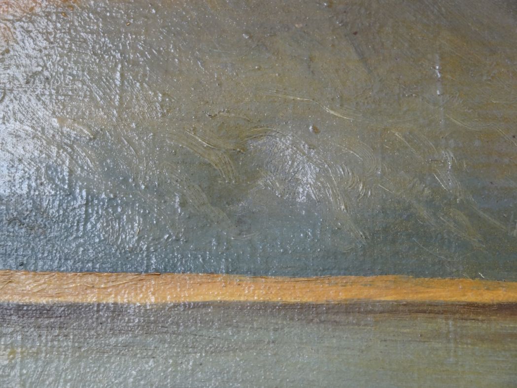 Oil on canvas Animated landscape by the lake at dusk 120 x 60 cm signed Rogiez