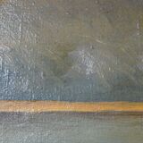 Oil on canvas Animated landscape by the lake at dusk 120 x 60 cm signed Rogiez
