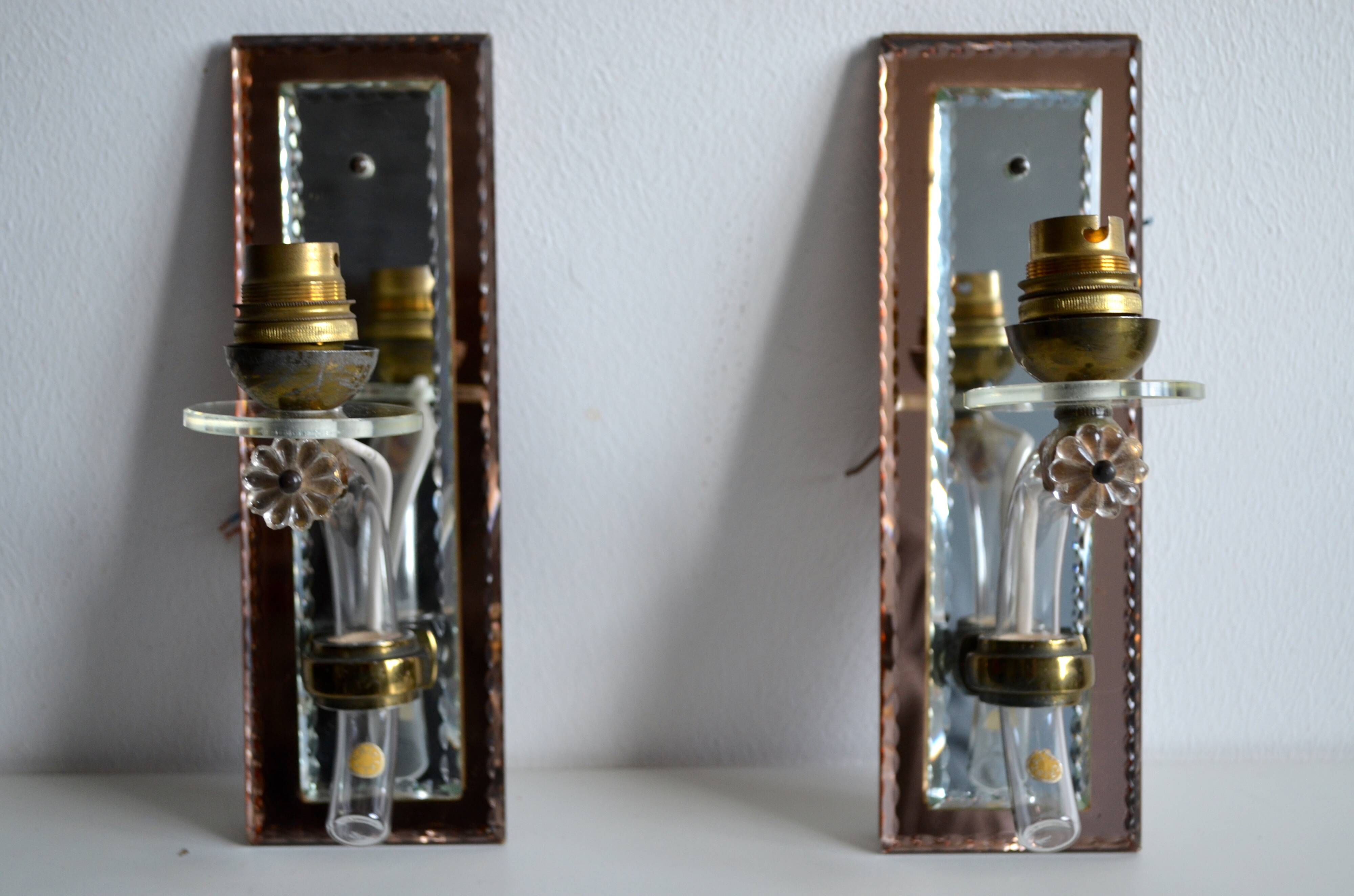 Pair of mirror and crystal wall lights from the 1940s-50s.