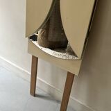 Large round triptych mirror with ivory background and back, 1970s design.