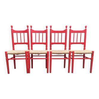 Set de chaises de campagne vintage en bois laqué rouge