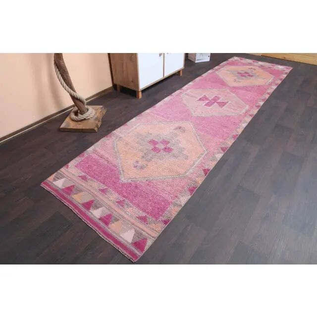 Vintage Turkish Hand-Knotted Wool Cotton Pink Runner Rug 96x365