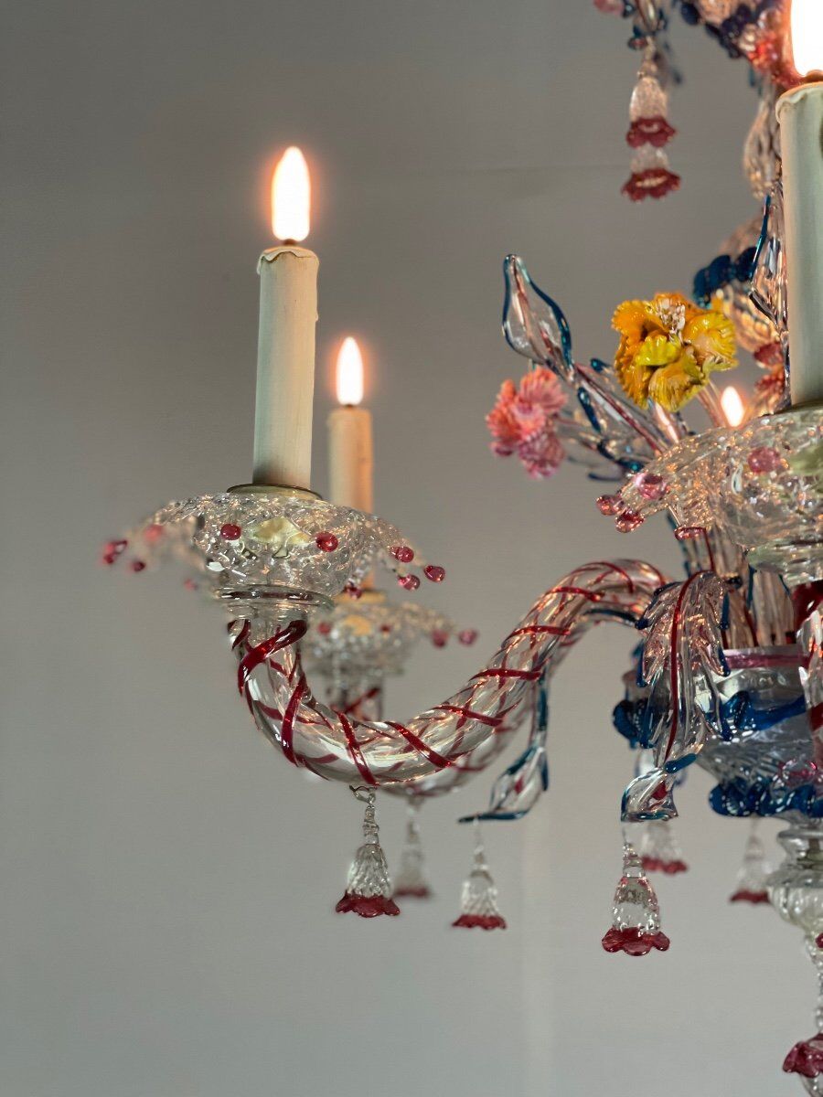 Venetian Chandelier In Multicolored Murano Glass, 6 Arms Of Light