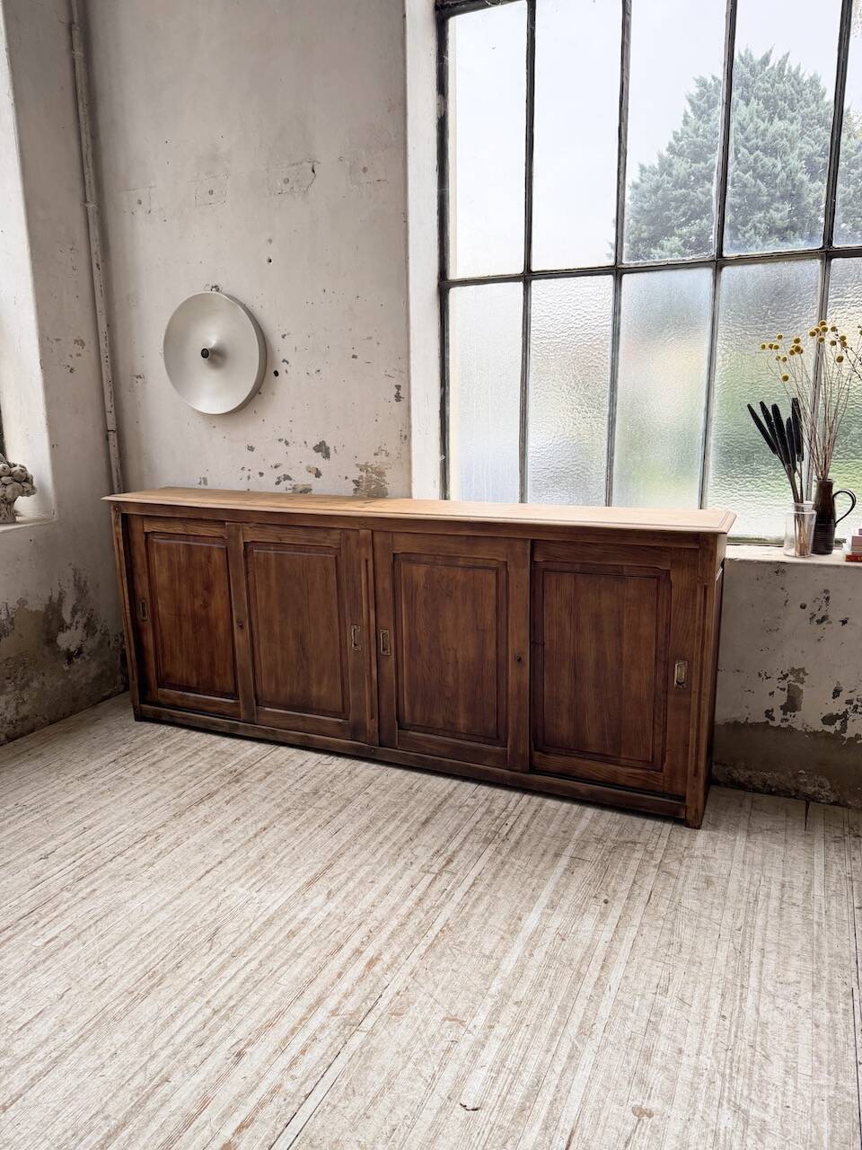 XL oak workshop sideboard with sliding doors from 1900